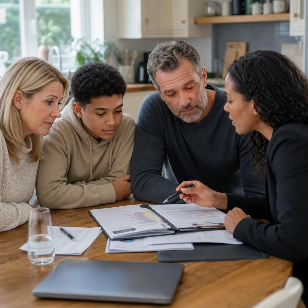 Foster family and support worker reviewing care documents around a table