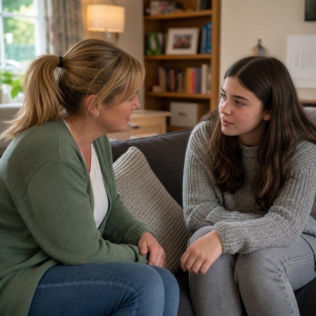 Foster carer and young person talking together in a home setting