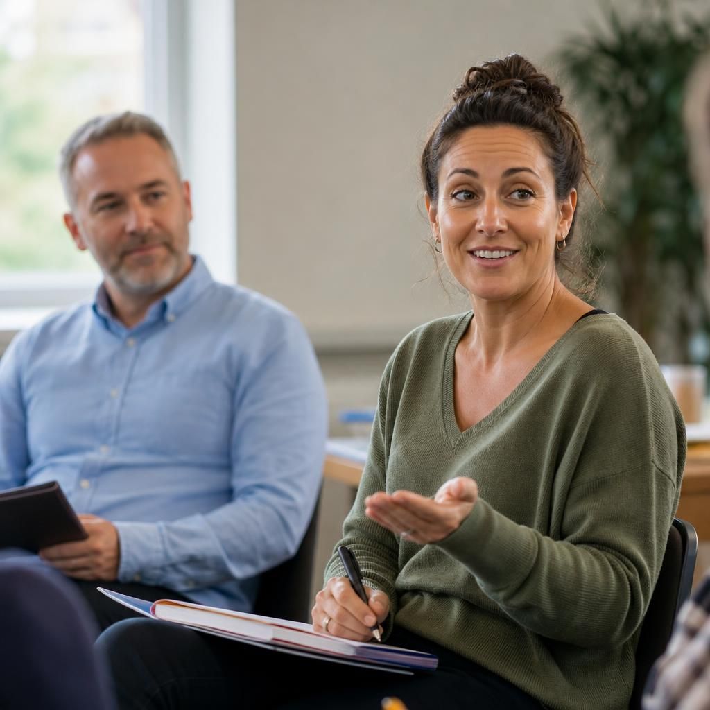 Single parent taking part in a fostering preparation training discussion