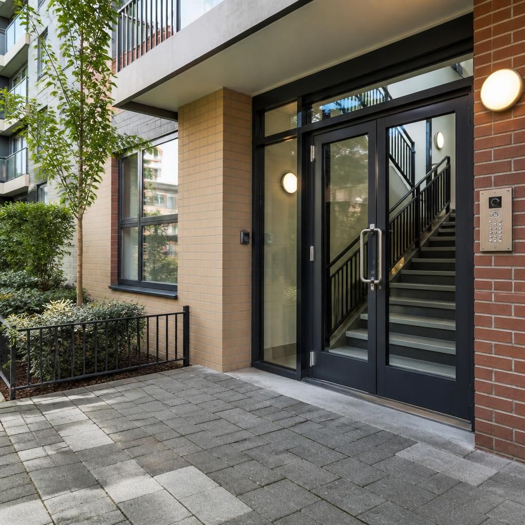 Flat building entrance with shared stairway and secure access