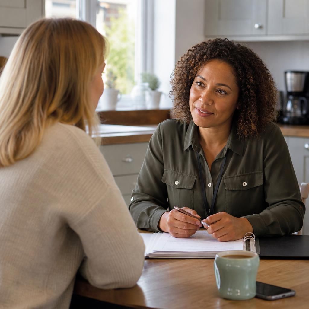 Foster carer speaking with a supervising social worker at a kitchen table