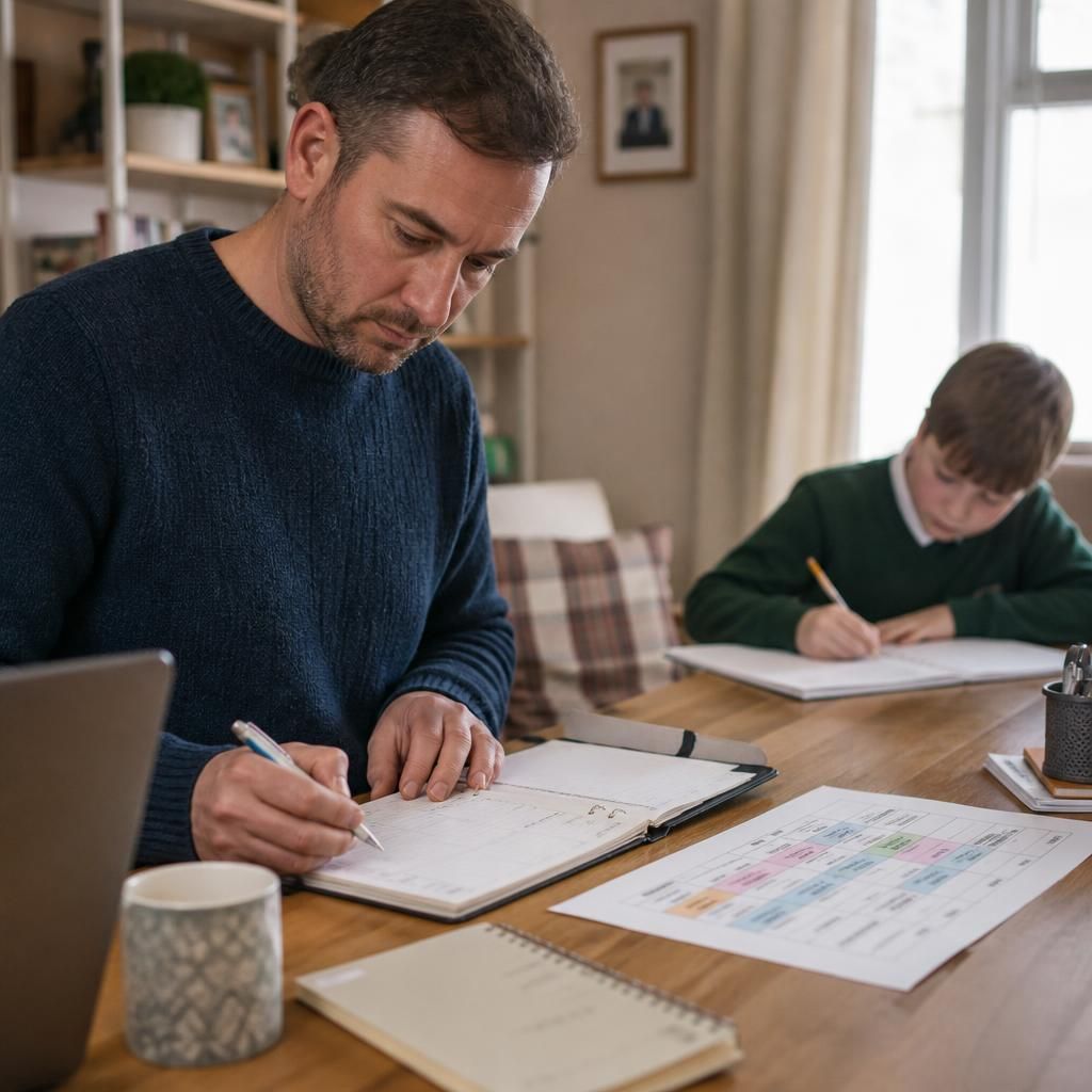Foster carer reviewing a work diary beside a child’s school timetable