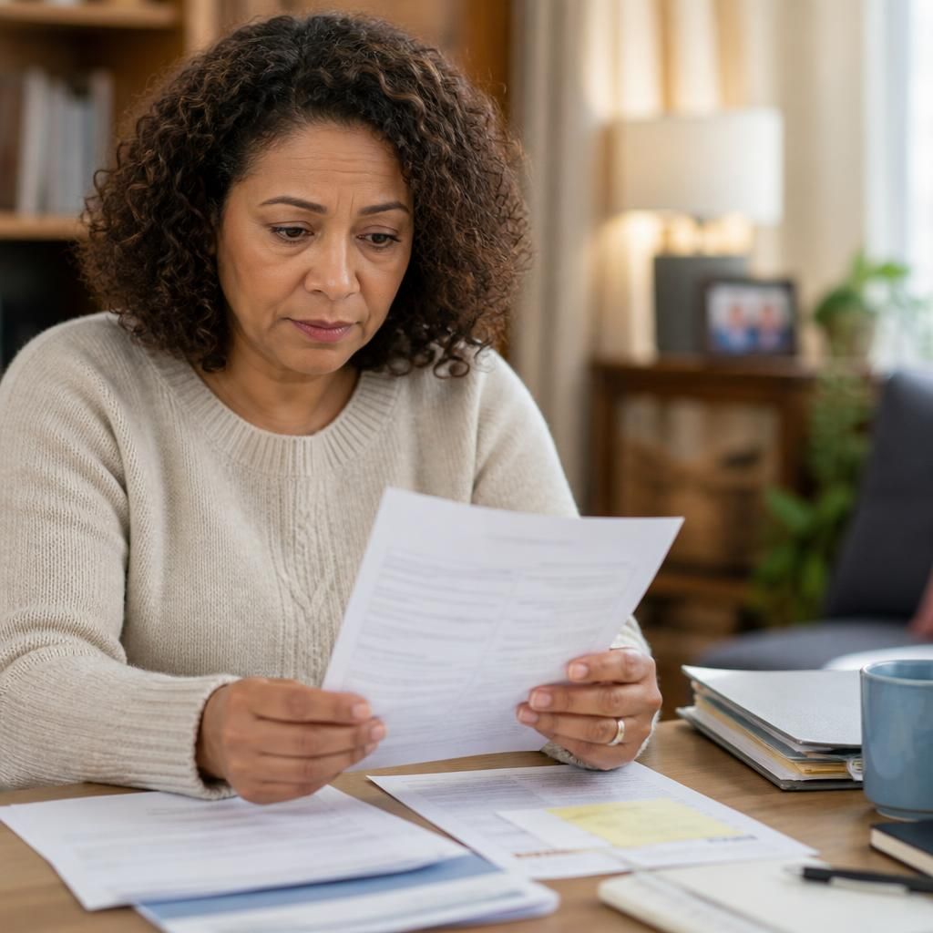 Kinship carer reviewing a written financial assistance decision with paperwork