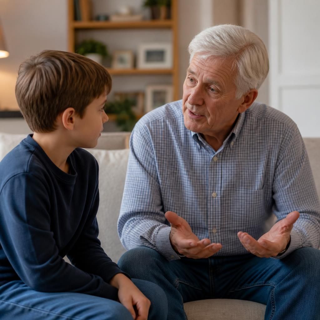 Older adult talking with a child at home