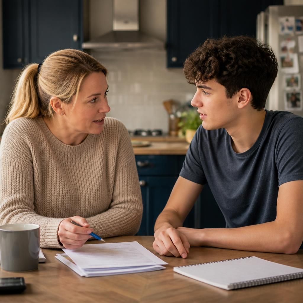 Foster carer and young adult discussing plans at a kitchen table