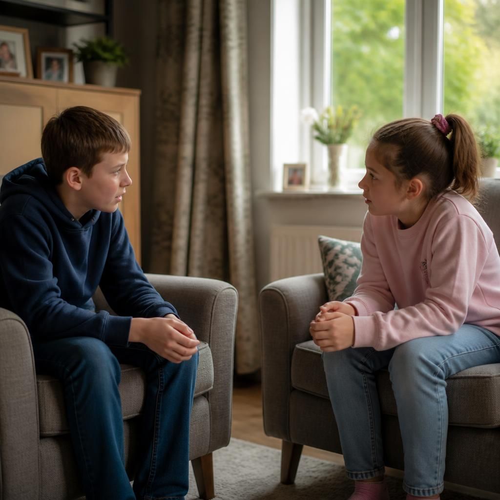 Two siblings talking together while sitting in separate armchairs