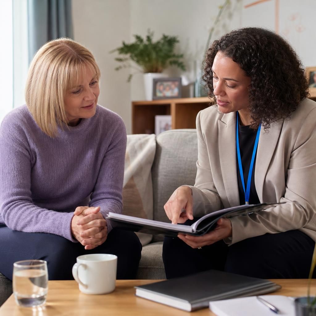 Foster carer discussing household changes with a supervising social worker at home