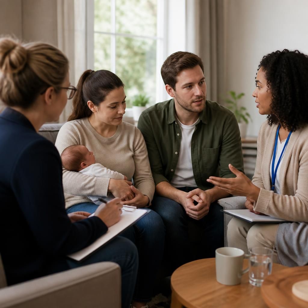 Foster family discussing a newborn’s care with professionals