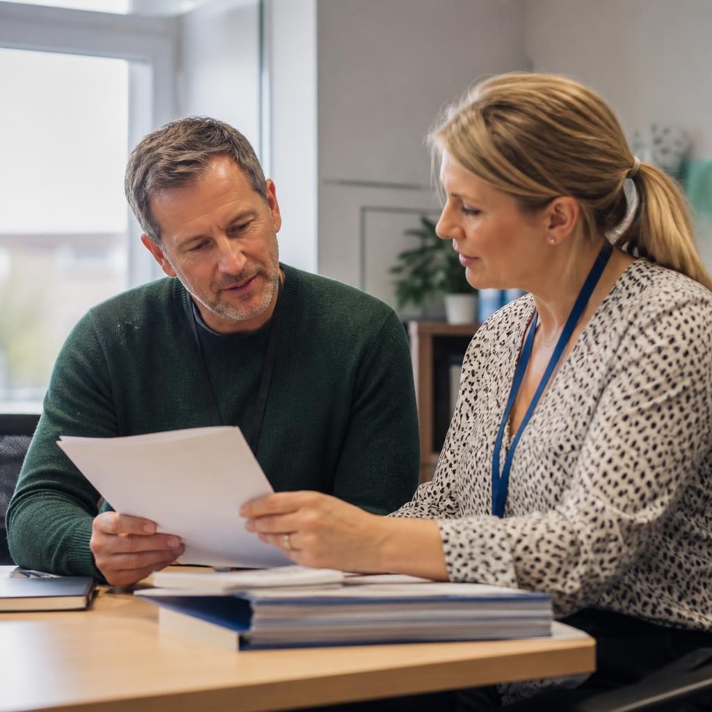 Foster carer reviewing secure records transfer documents with an agency adviser