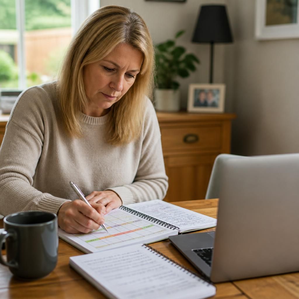 Foster carer reviewing a work rota and care schedule at home
