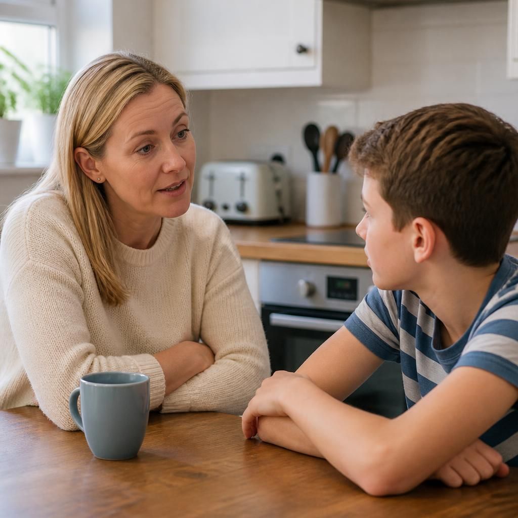 Foster carer talking with a child at a kitchen table