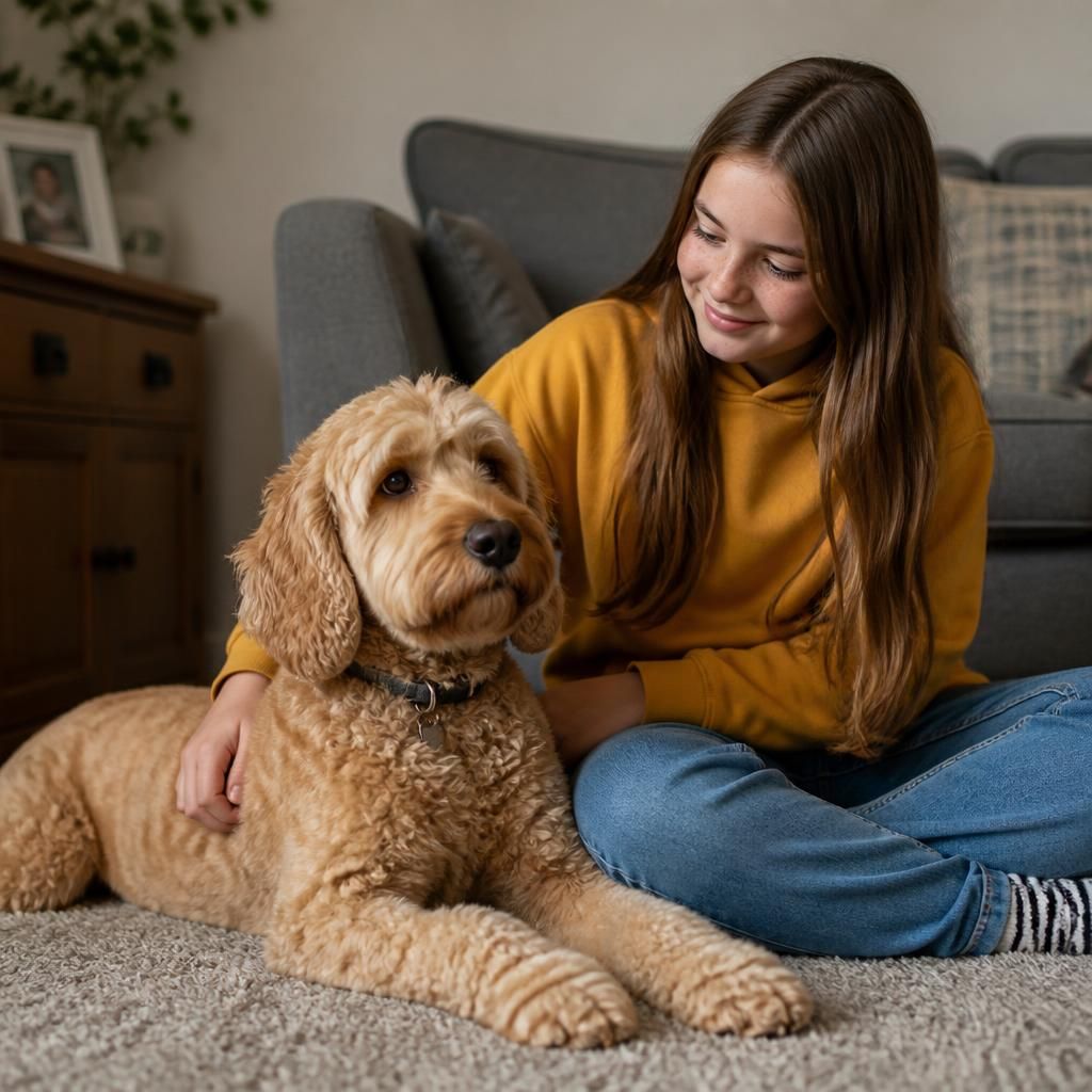 Child sitting beside a calm family dog in a living room
