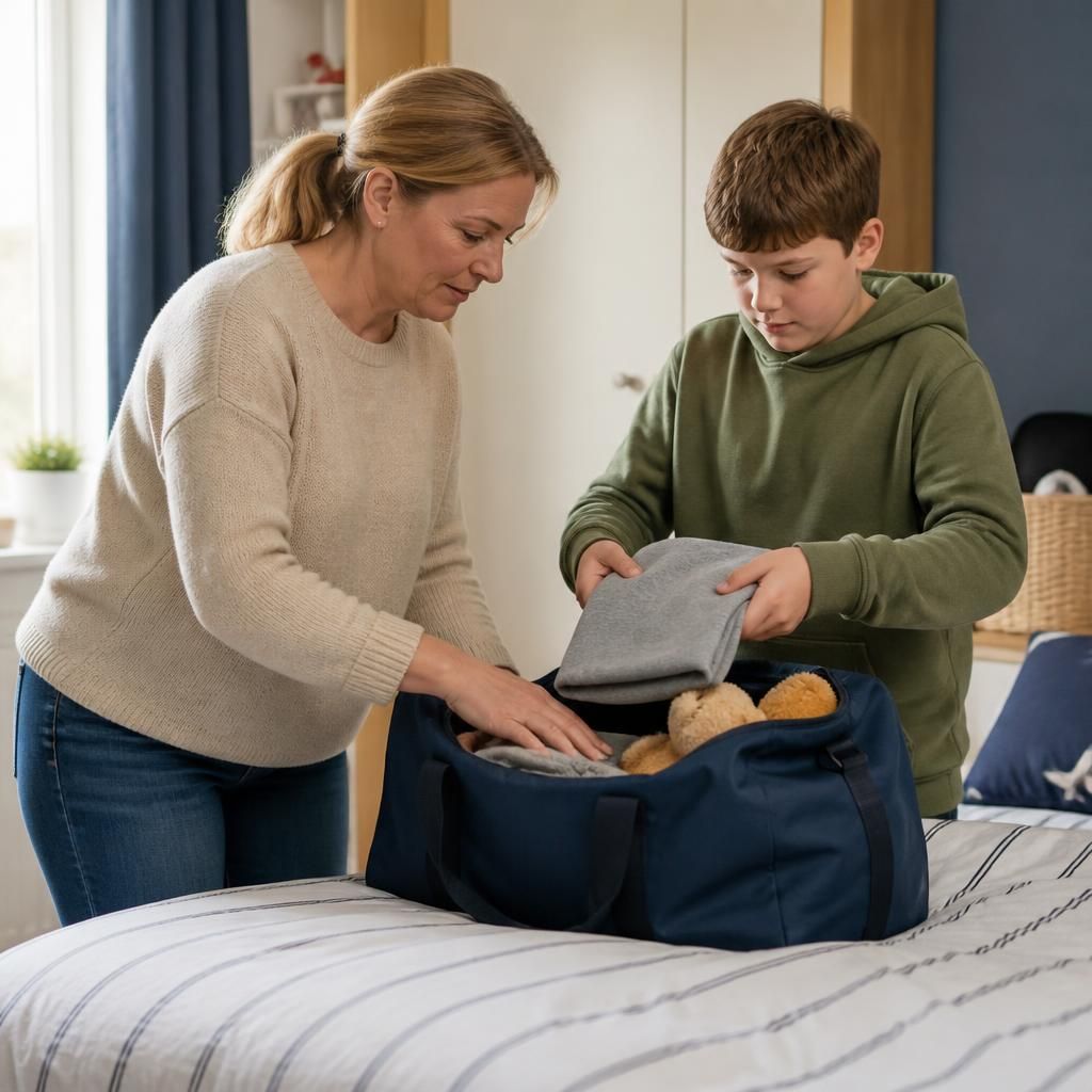 Foster carer and child packing a bag with familiar belongings