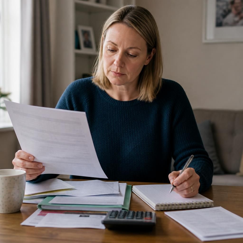Prospective foster carer reviewing application documents and household expense notes