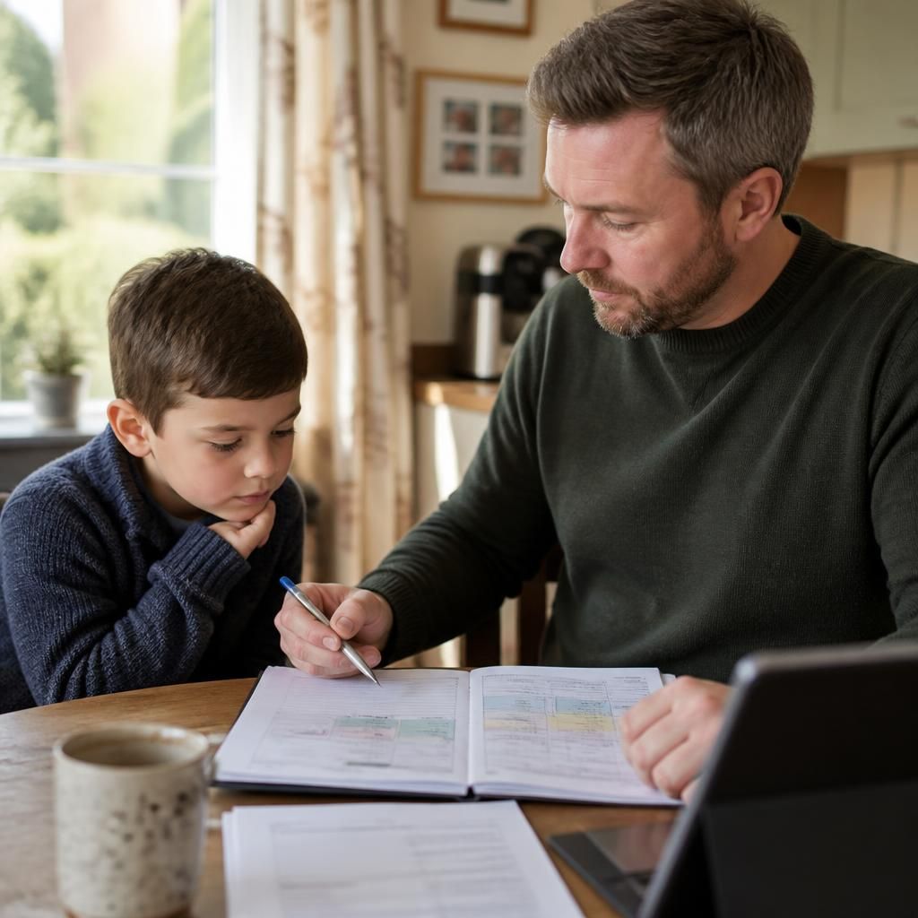Foster carer reviewing a work schedule alongside a child's school timetable