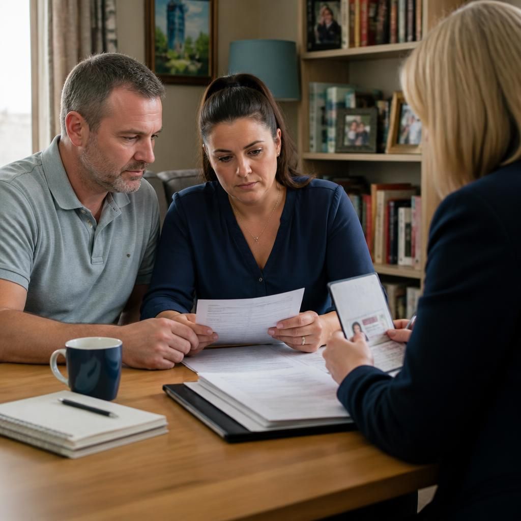 Foster applicants reviewing identification documents with an assessing social worker