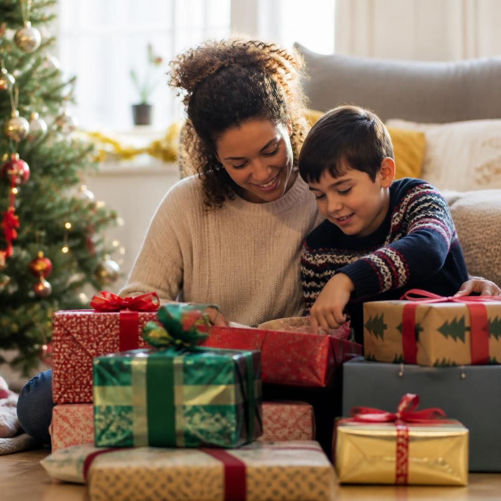Foster carer and child choosing Christmas presents at home