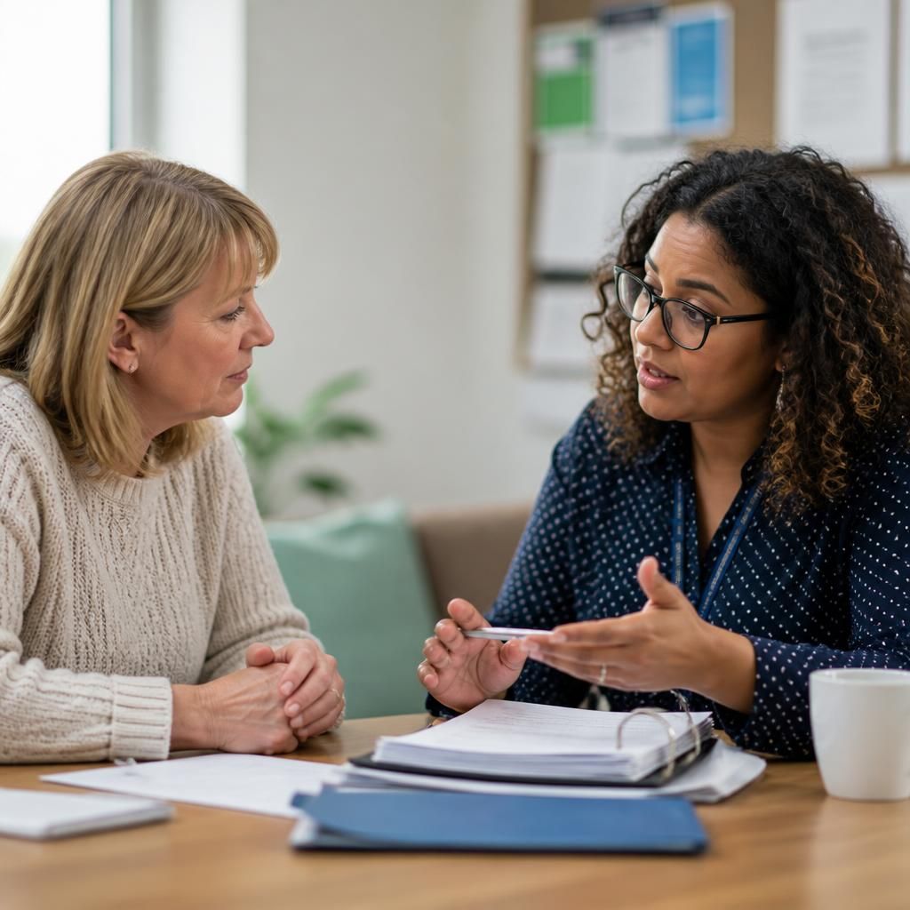 Foster carer discussing placement records with a social worker at a table