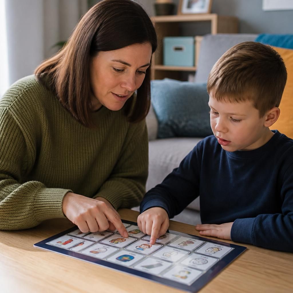 Foster carer helping a child use a visual communication board
