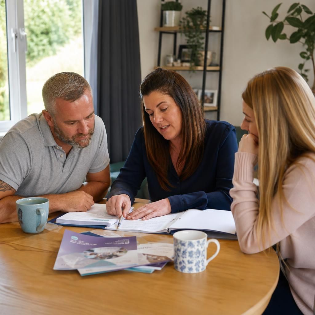 Adults discussing foster carer training materials during a preparation session