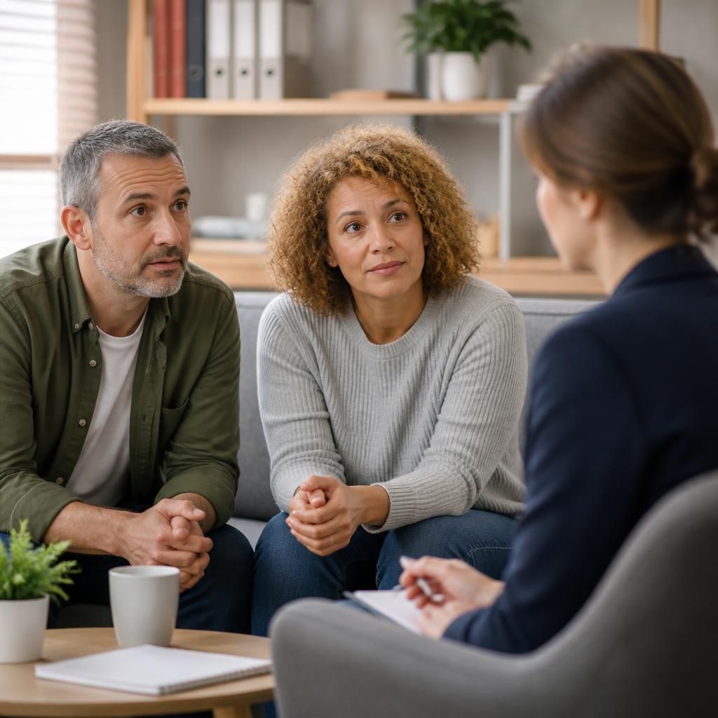 Prospective foster parent speaking with a social worker during an assessment meeting