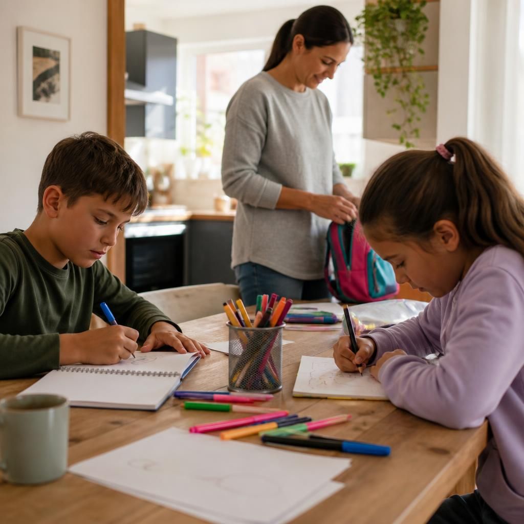 Children drawing together at a table while an adult prepares activities nearby