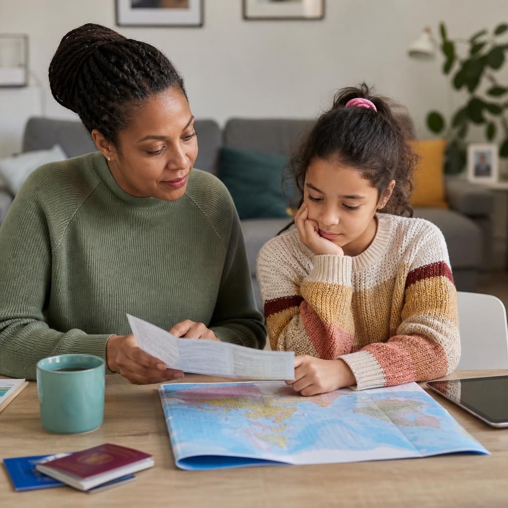 Foster carer reviewing holiday dates with a child and travel documents