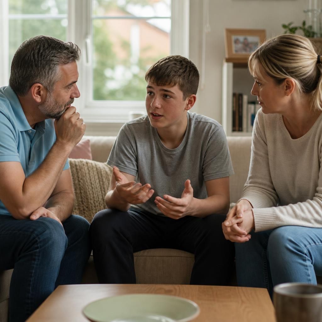 Family members listening to a young person during a conversation at home