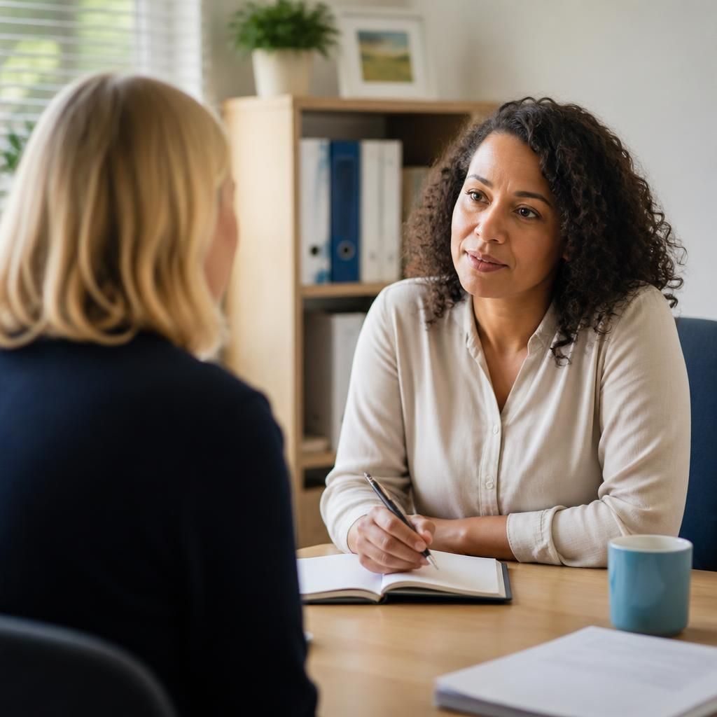 Prospective foster carer speaking with a social worker during an assessment meeting