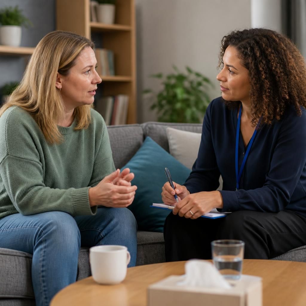 Foster carer speaking with a supervising social worker during a review meeting
