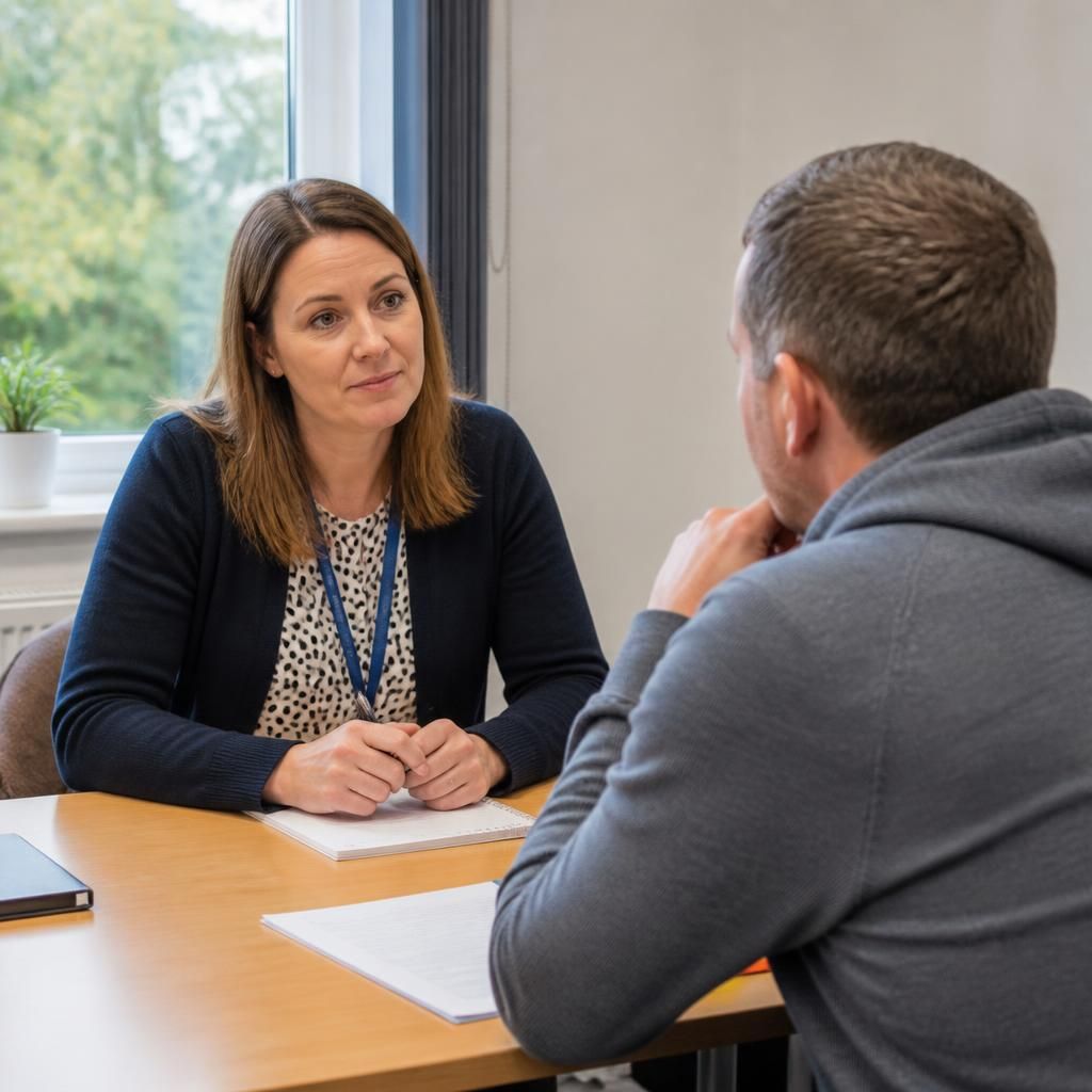 Foster carer speaking with a social worker during an allegation review meeting