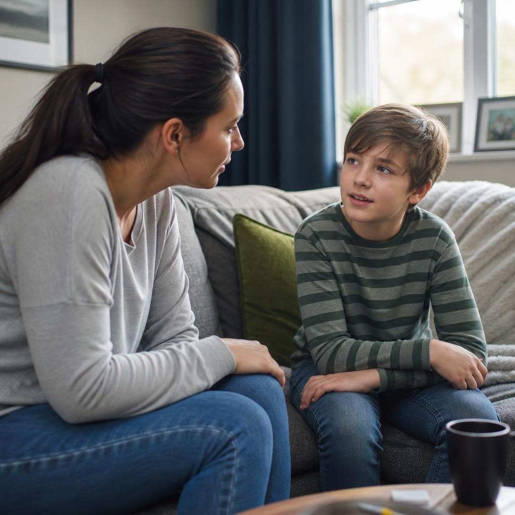 Foster parent and child talking together at home