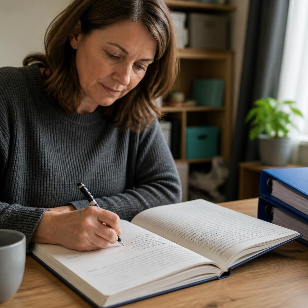 Foster carer writing a dated daily care entry in a secure record book