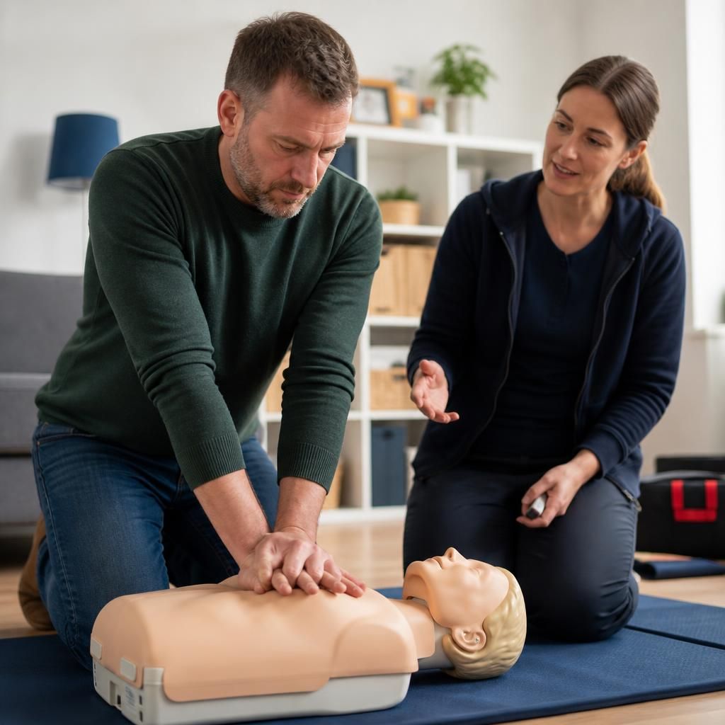 Foster carer practising CPR on a first-aid training manikin