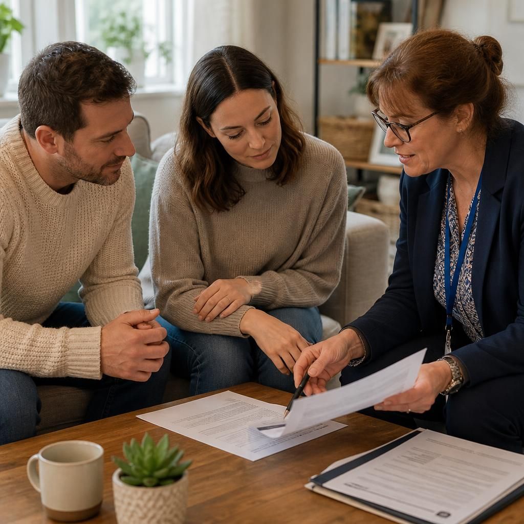 Prospective foster carers reviewing application documents with a social worker