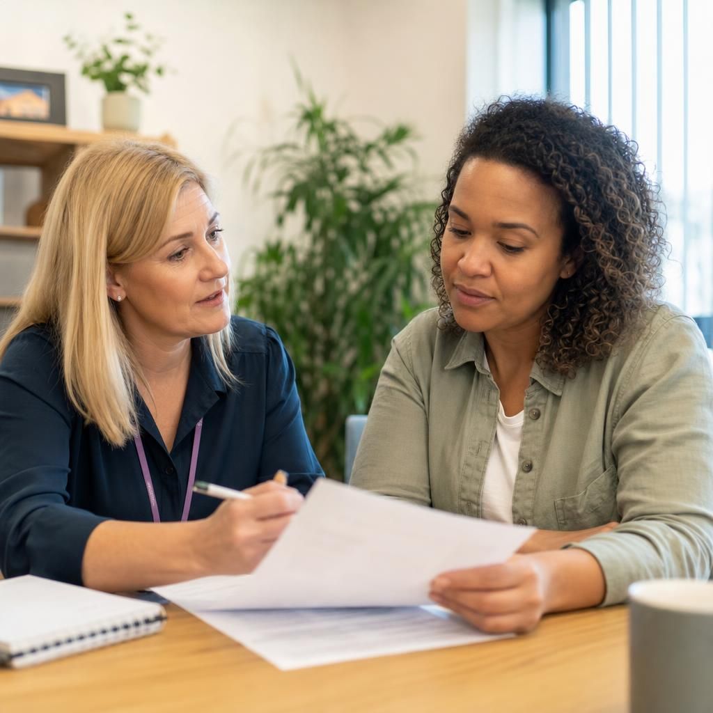 Foster carer receiving guidance during a fostering review
