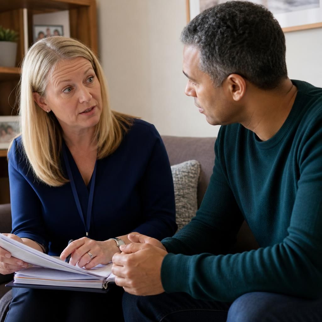 Social worker discussing fostering documents with a prospective carer