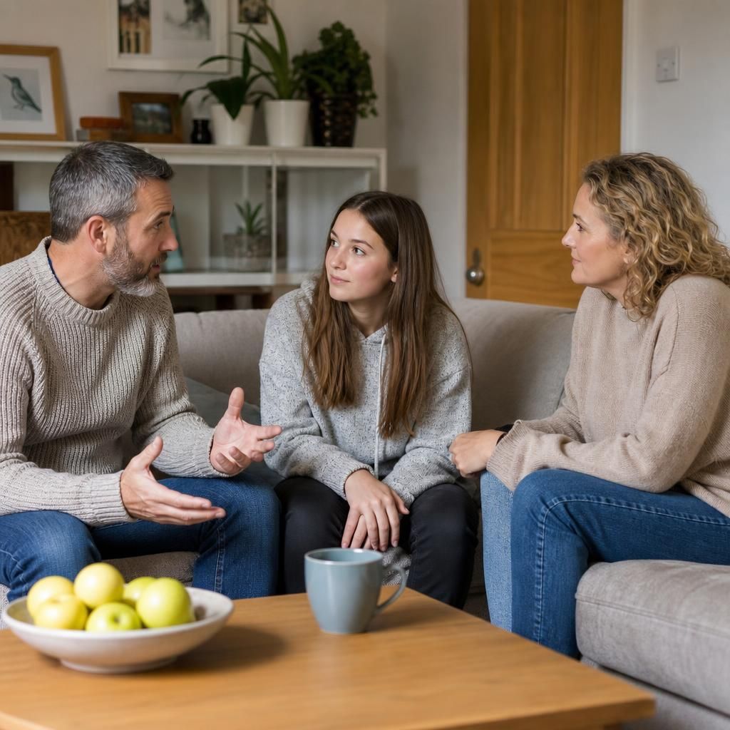 Family members talking together at home
