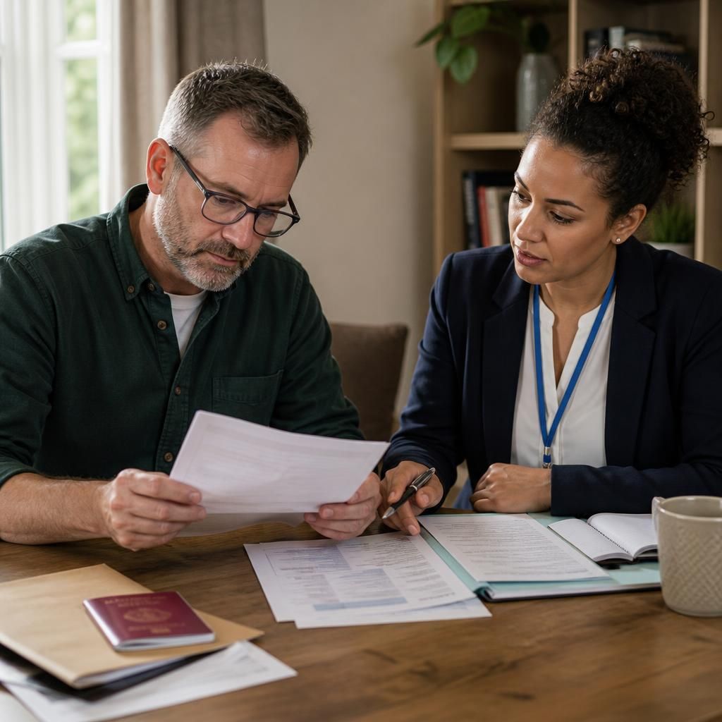 Foster carer reviewing overseas residence documents with an assessing social worker