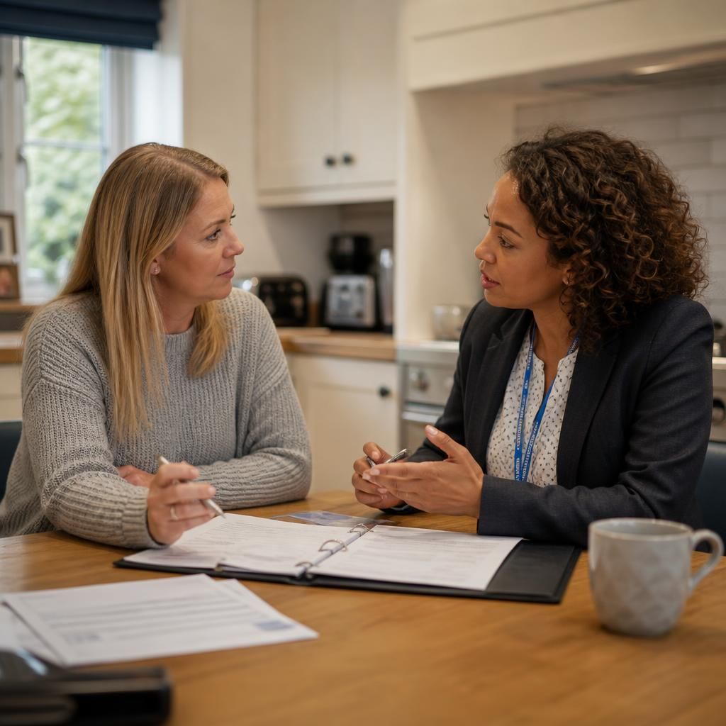 Foster carer discussing work and childcare arrangements with a social worker