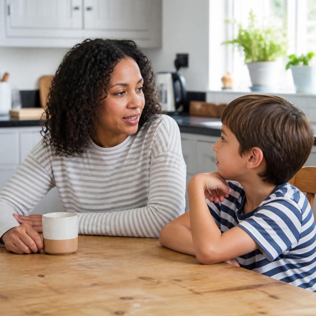 Foster carer talking with a child at a kitchen table