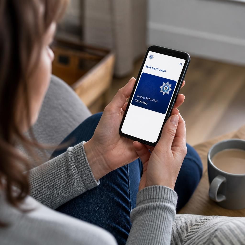 Foster carer checking a Blue Light Card on a mobile phone