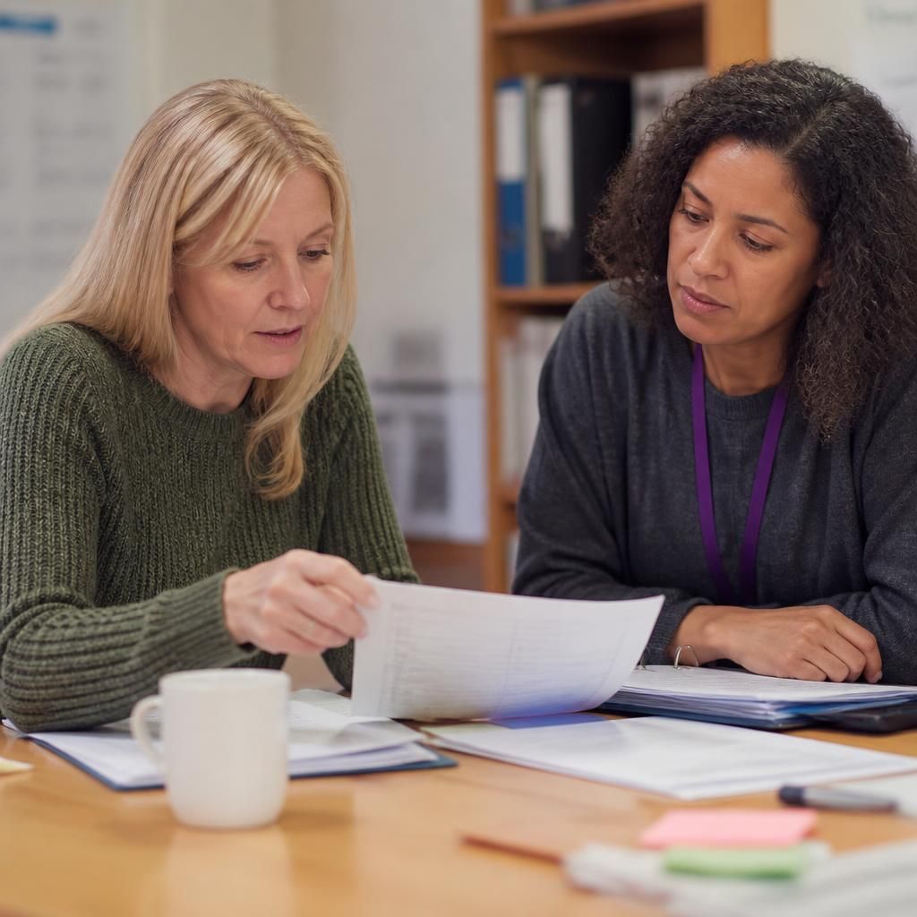 Foster carer and social worker reviewing placement records together
