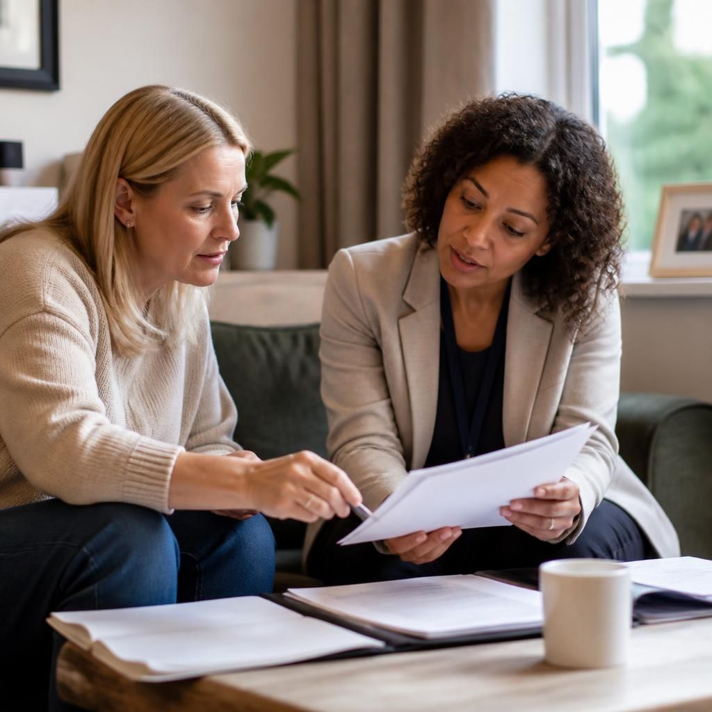 Foster carer and social worker reviewing care plan documents together