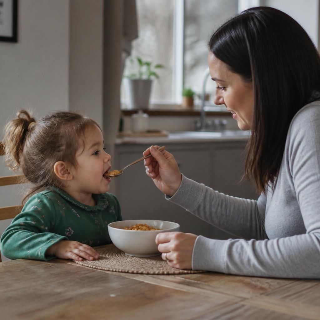Foster carer feeding a young child at home