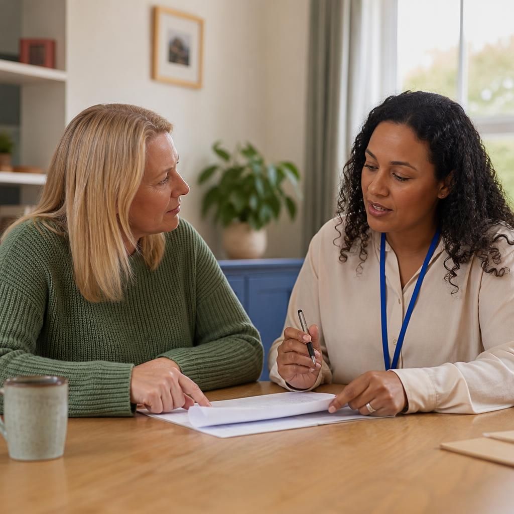 Foster carer and supervising social worker discussing paperwork at a table
