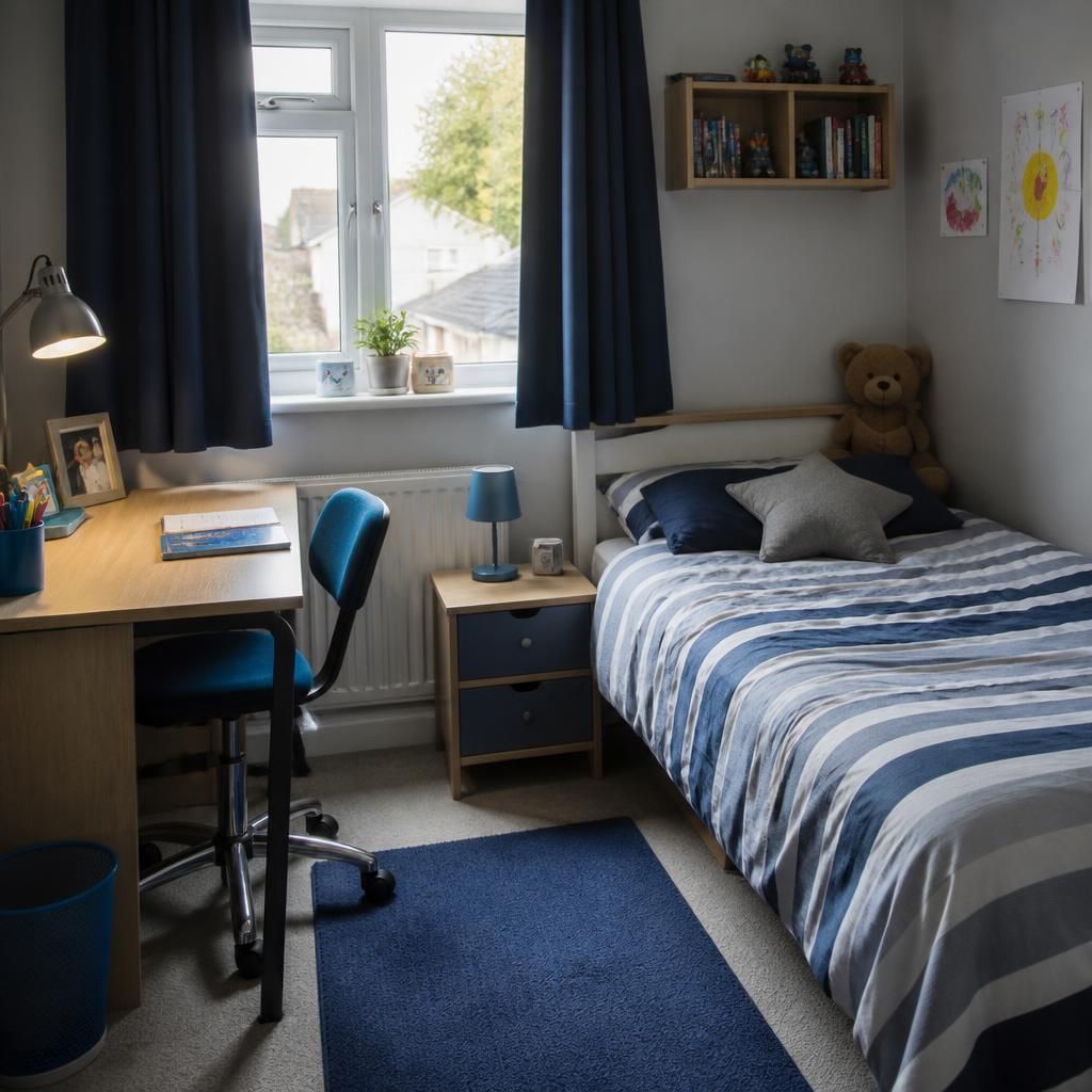 Child’s bedroom with a bed, desk and neatly arranged belongings