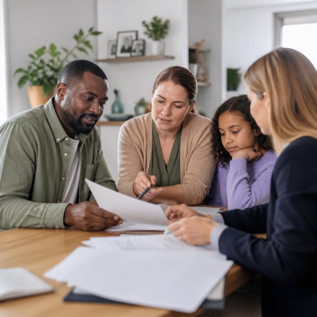 Foster carers and social workers discussing transfer documents at a table
