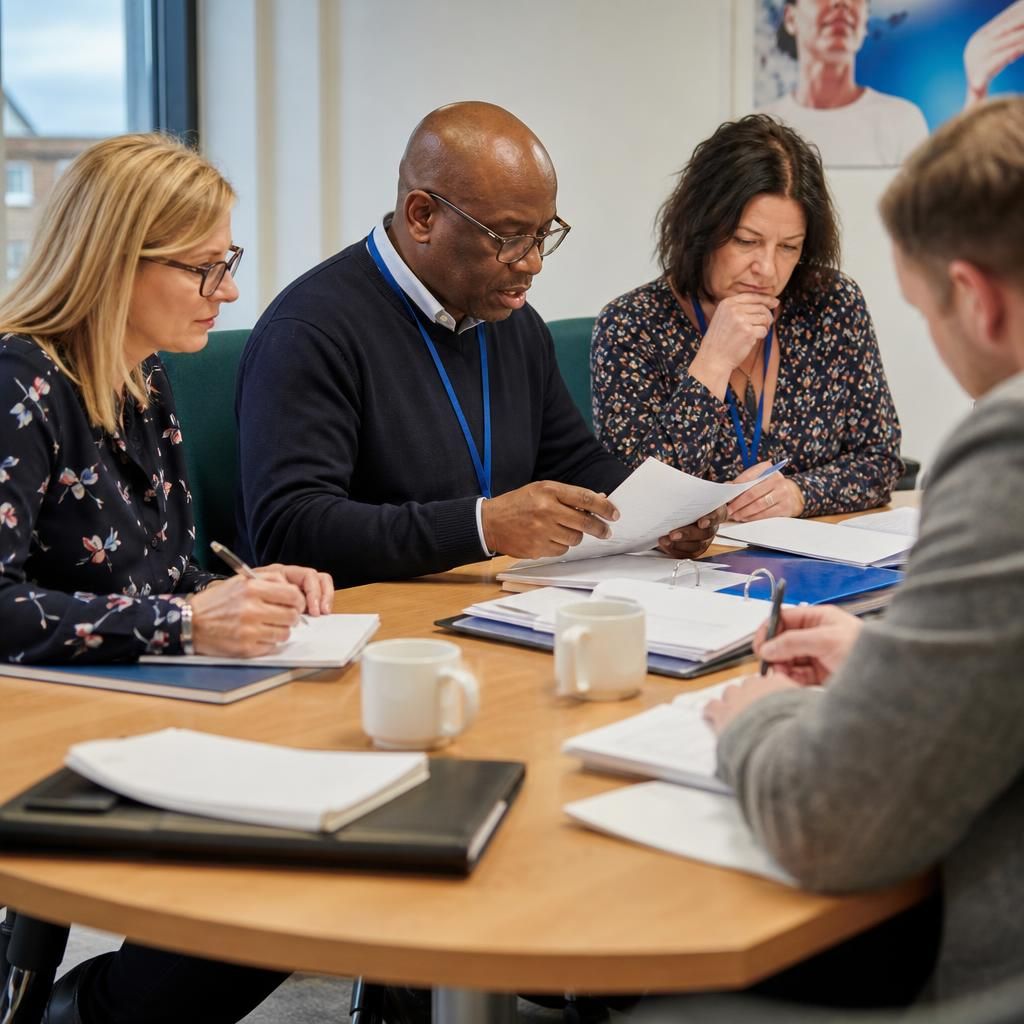 Fostering panel members reviewing assessment documents around a table