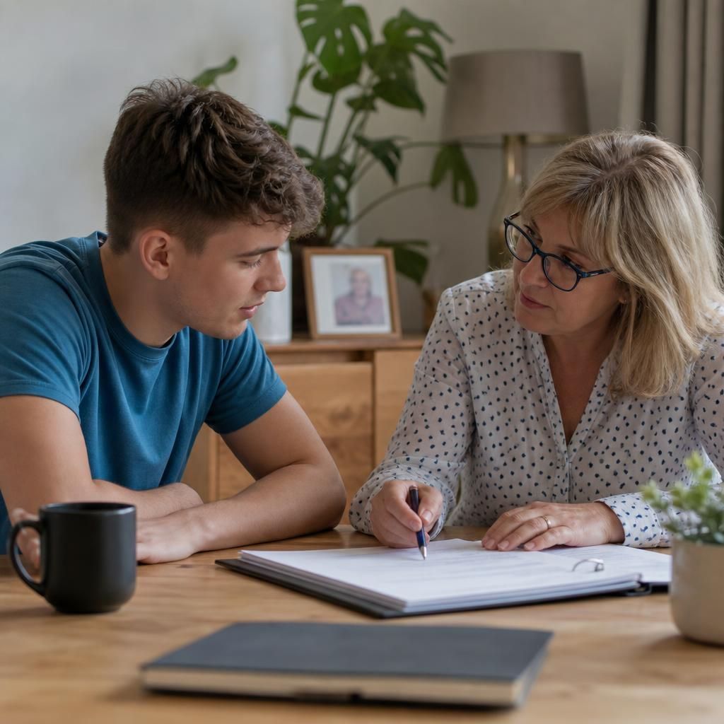 Young adult and foster carer discussing a support plan at a table